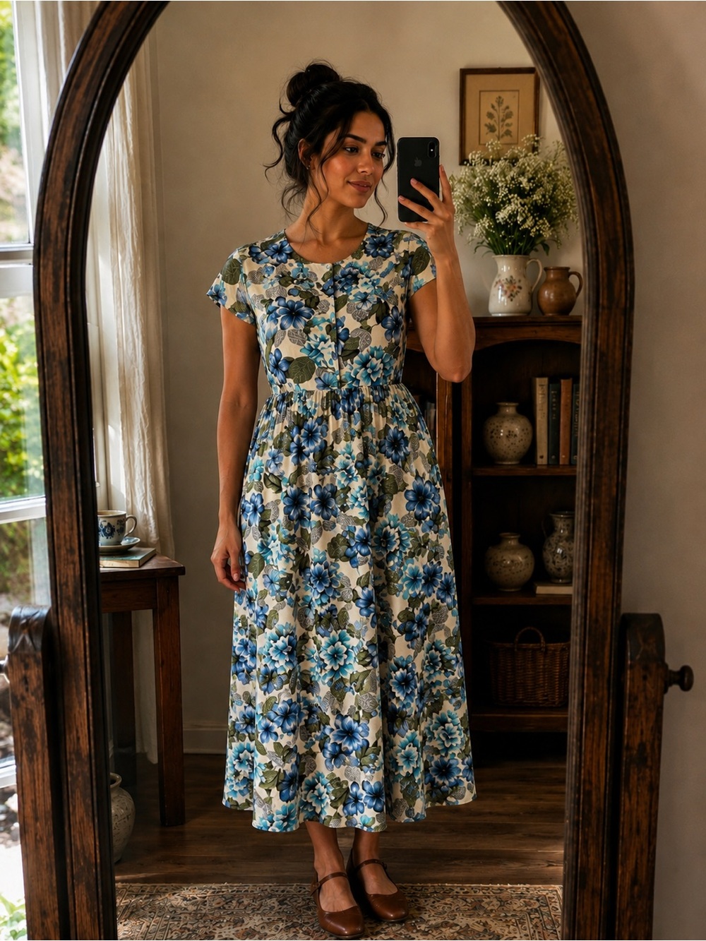Vintage 90s Bright Colourful Floral Blue Green Maxi Dress Boho Buttons Summer Mβ